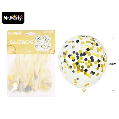 GLOBOS DE LATEX CON CONFETTI DE NEGRO Y DORADO 30CM 5PCS - 1