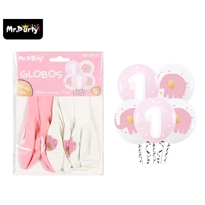 GLOBOS DE LATEX ELEFANTE ROSA Y BLANCO 30CM 5PCS - 1