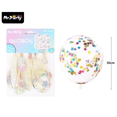 GLOBOS DE LATEX CON CONFETTI DE ESTRELLA MULTICOLOR 30CM 5PCS - 1