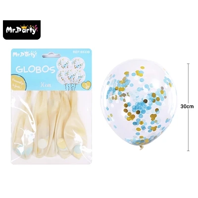 GLOBOS DE LATEX CON CONFETTI DE REDONDO CELESTE Y DORADO 30CM 5PCS - 1
