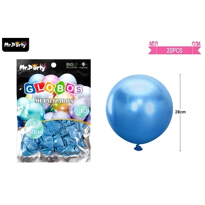 GLOBOS DE LATEX AZUL CROMADOS METALIZADOS 28CM 20PCS - 1