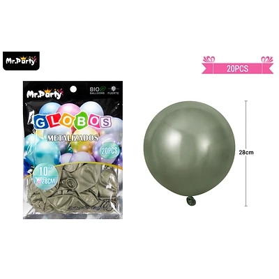GLOBOS DE LATEX VERDE OLIVA CROMADOS METALIZADOS 28CM 20PCS - 1