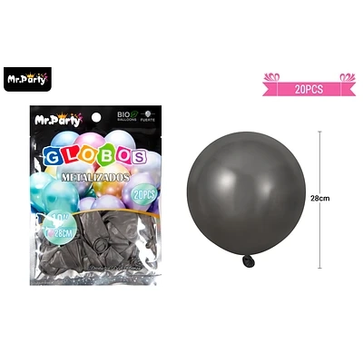 GLOBOS DE LATEX NEGRO CROMADOS METALIZADOS 28CM 20PCS - 1