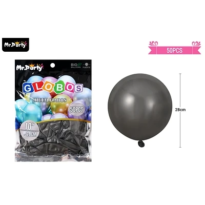 GLOBOS DE LATEX NEGRO CROMADOS METALIZADOS 28CM 50PCS - 1