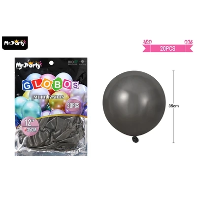 GLOBOS DE LATEX NEGRO CROMADOS METALIZADOS 35CM 20PCS - 1