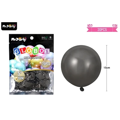 GLOBOS DE LATEX NEGRO CROMADOS METALIZADOS 15CM 20PCS - 1