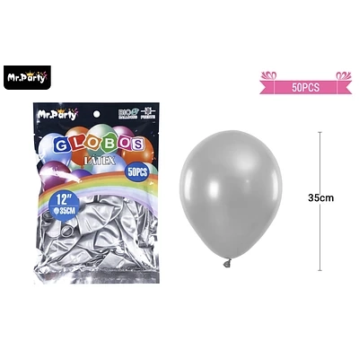 GLOBOS DE LATEX PERLADO PLATEADO 35CM 50PCS - 1