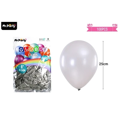 GLOBOS DE LATEX PERLADO PLATEADO 25CM 100PCS - 1
