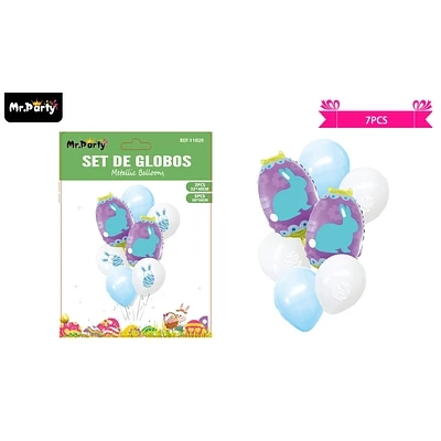 SET DE GLOBOS METALICOS DE HUEVO DE PASCUA CON CONEJITOS MULTICOLOR 7PCS - 1