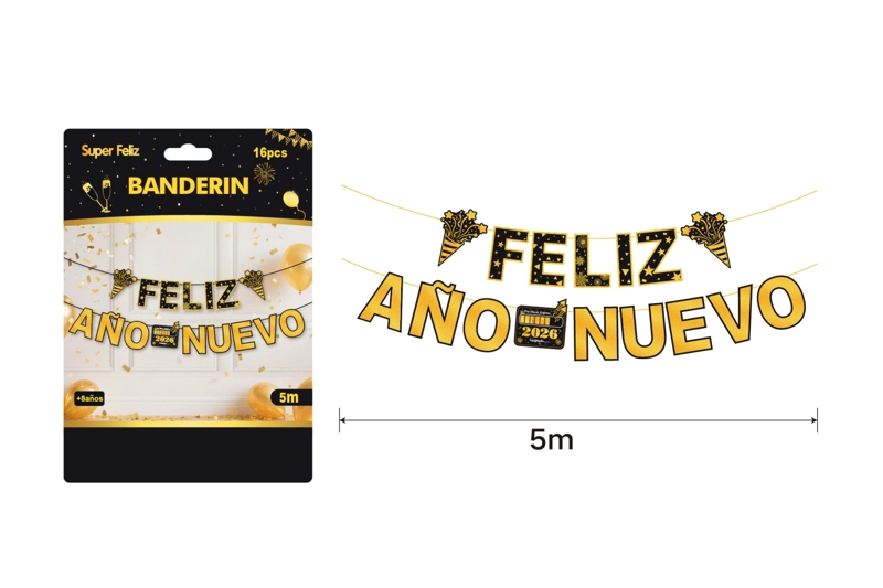 GUIRNALDA DE AÑO NUEVO (NEGRO CON DORADO-TIRA CONFETTI) - 1