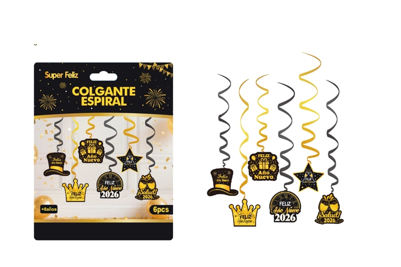 ESPIRAL COLGANTE AÑO NUEVO (NEGRO CON DORADO- SOMBRERO/CORONA/ESTRELLA) - 1