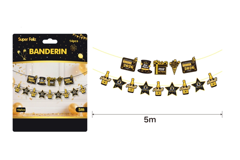GUIRNALDA DE AÑO NUEVO (NEGRO CON DORADO- GORROS/ESTRELLAS/BEBIDAS) - 1