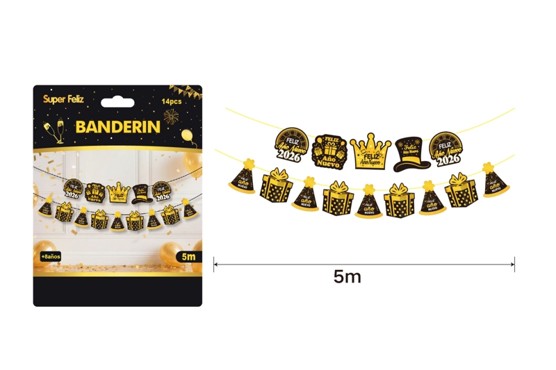 GUIRNALDA DE AÑO NUEVO (NEGRO CON DORADO- SOMBRERO/REGALOS/GORRO/CORONA) - 1