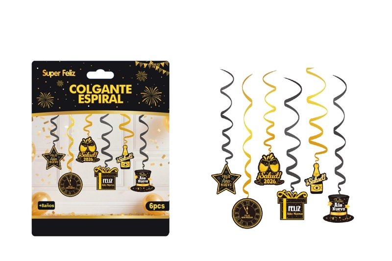 ESPIRAL COLGANTE AÑO NUEVO (NEGRO CON DORADO- SOMBRERO/BEBIDA/ESTRELLA) - 1