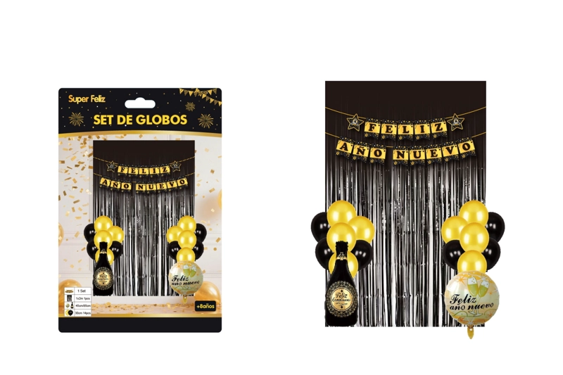 SET DE CORTINA Y GLOBOS AÑO NUEVO (NEGRO/DORADO- BOTELLA/GLOBO) - 1