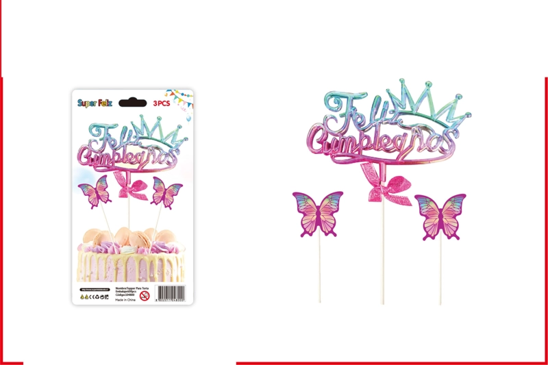 TOPPER (FELIZ CUMPLEAÑOS CON FORMA DE CORONA Y MARIPOSAS) - 1