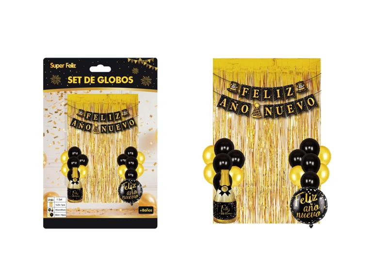 SET DE CORTINA Y GLOBOS AÑO NUEVO (DORADO Y NEGRO-BOTELLA/GLOBO) - 1