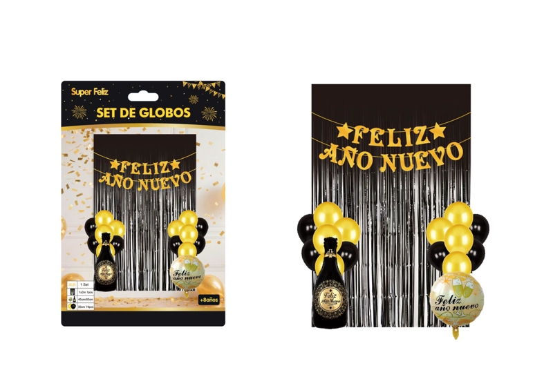 SET DE CORTINA Y GLOBOS AÑO NUEVO (NEGRO/DORADO-BOTELLA/ESTRELLA/GLOBO) - 1