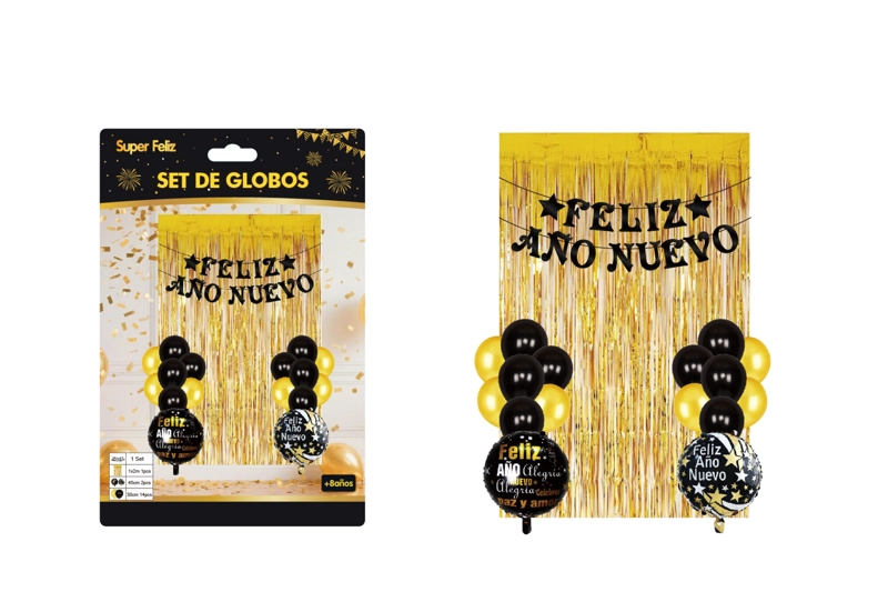 SET DE CORTINA Y GLOBOS AÑO NUEVO (DORADO/NEGRO-GLOBO/ESTRELLA) - 1