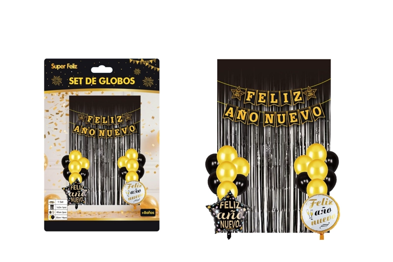 SET DE CORTINA Y GLOBOS AÑO NUEVO (NEGRO/DORADO- ESTRELLA/GLOBO) - 1