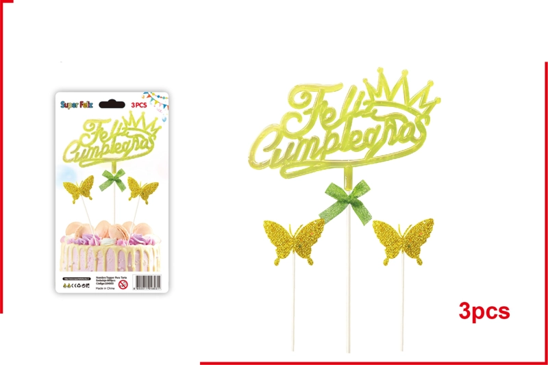 TOPPER AMARILLO FELIZ CUMPLEAÑOS EN FORMA DE CORONA CON MARIPOSAS - 1
