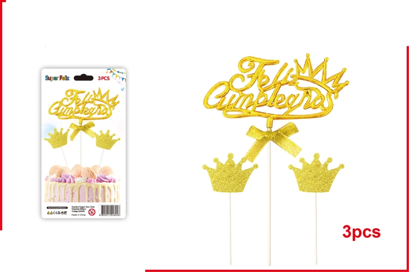 TOPPER NARANJA FELIZ CUMPLEAÑOS EN FORMA DE CORONA CON MARIPOSAS - 1