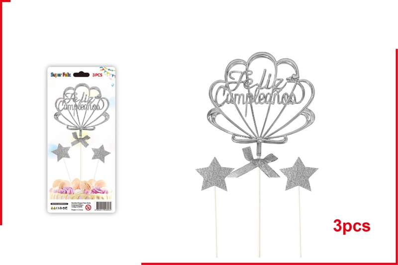TOPPER PLATEADO FELIZ CUMPLEAÑOS EN FORMA DE CON CHA CON ESTRELLAS - 1