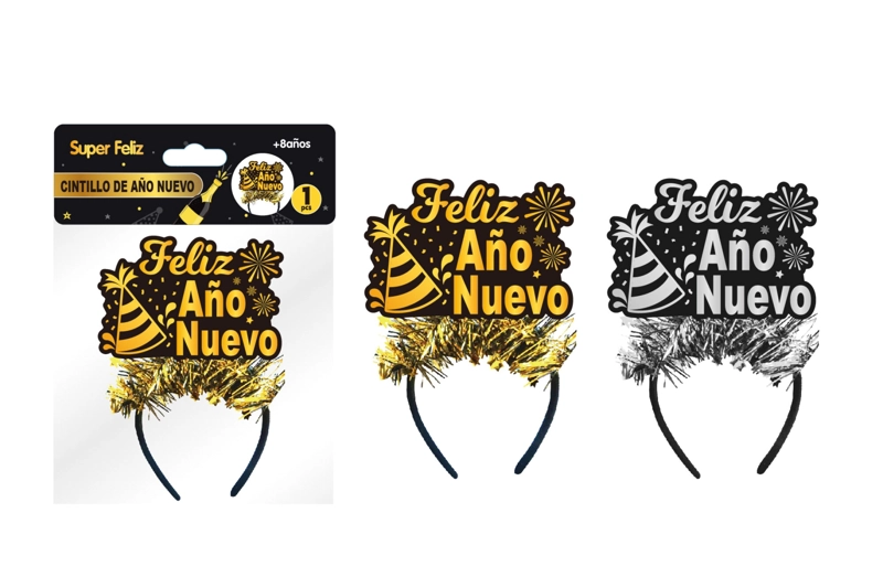 CINTILLO AÑO NUEVO (DORADO/PLATEADO/PLUMAS/GORRO) - 1