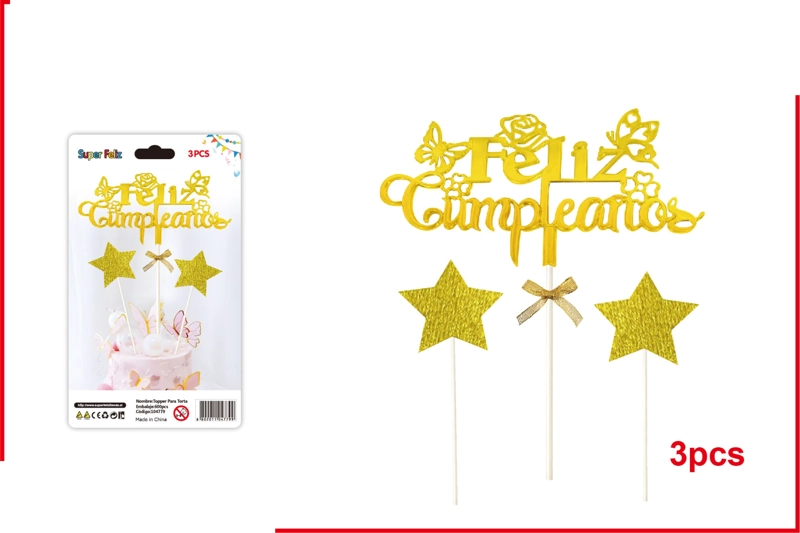 TOPPER FELIZ CUMPLEAÑOS ESTILIZADO AMARILLO CON ESTRELLAS 3 PCS - 1