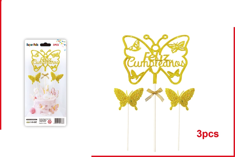 TOPPER FELIZ CUMPLEAÑOS AMARILLO CON FORMA DE MARIPOSA CON DOS MARIPOSITAS 3 PCS - 1