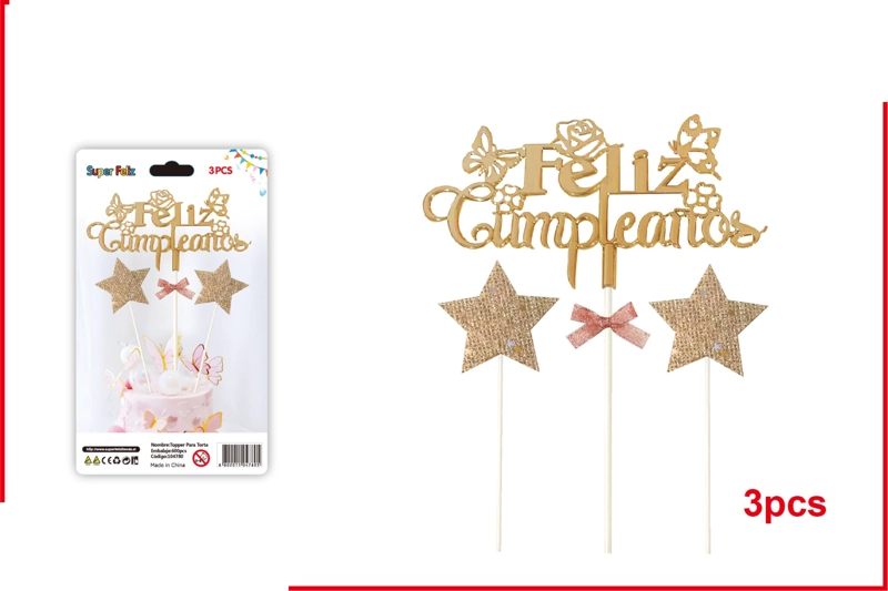 TOPPER FELIZ CUMPLEAÑOS ESTILIZADO MARRON CON ESTRELLAS 3 PCS - 1