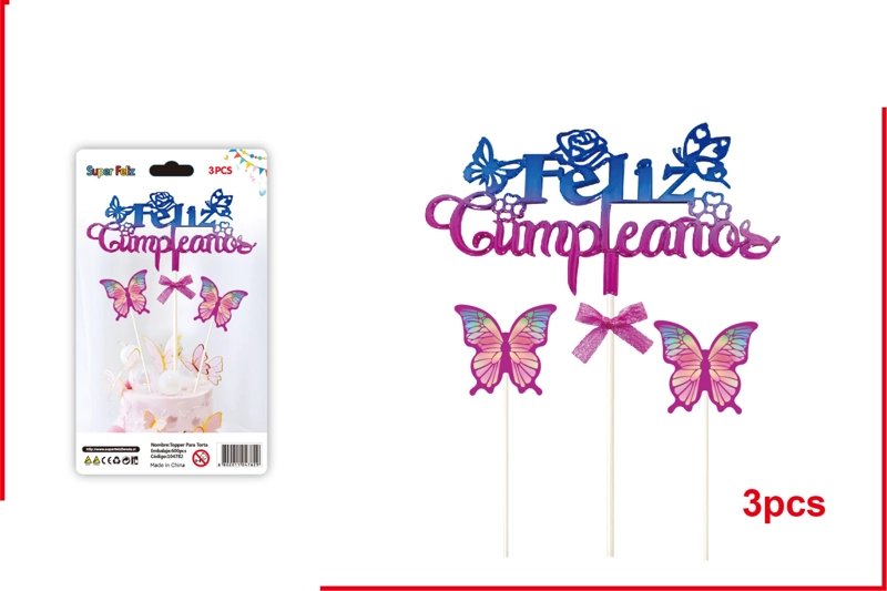 TOPPER FELIZ CUMPLEAÑOS ESTILIZADO DEGRADADO DE AZUL Y MORADO CON MARIPOSAS 3 PCS - 1