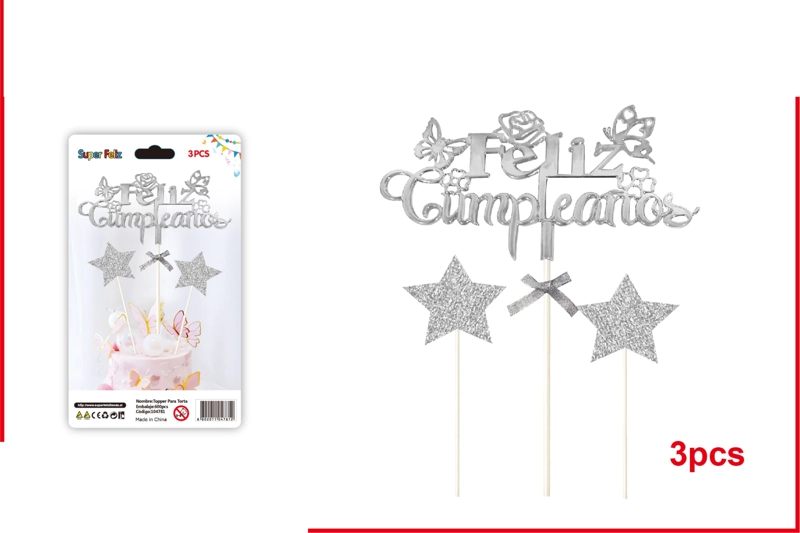 TOPPER FELIZ CUMPLEAÑOS ESTILIZADO PLATEADO CON ESTRELLAS 3 PCS - 1