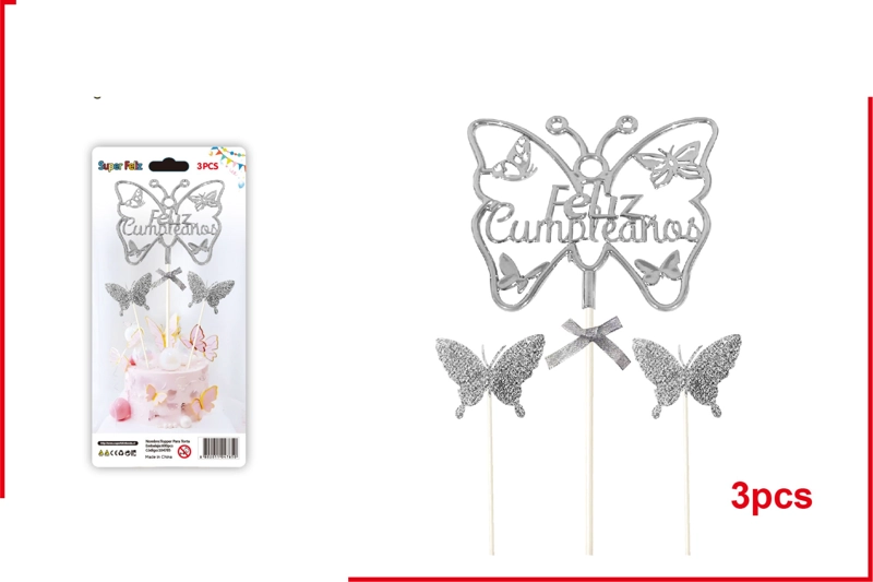 TOPPER FELIZ CUMPLEAÑOS PLATEADA CON FORMA DE MARIPOSA CON MARIPOSITAS 3 PCS - 1