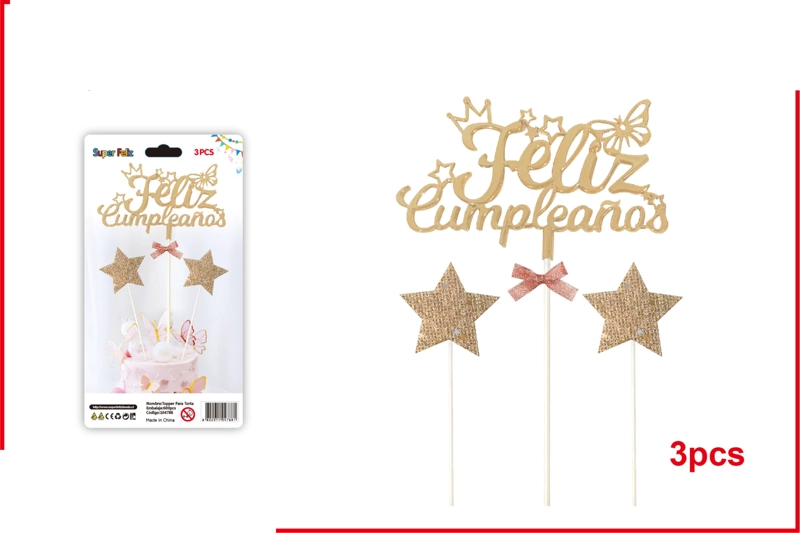TOPPER FELIZ CUMPLEAÑOS MARRON ESTILIZADO CON ESTRELLAS 3 PCS - 1