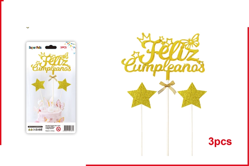 TOPPER FELIZ CUMPLEAÑOS AMARILLO ESTILIZADO CON ESTRELLAS 3 PCS - 1
