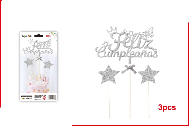 TOPPER FELIZ CUMPLEAÑOS PLATEADA ESTILIZADO CON ESTRELLAS 3 PCS - 1