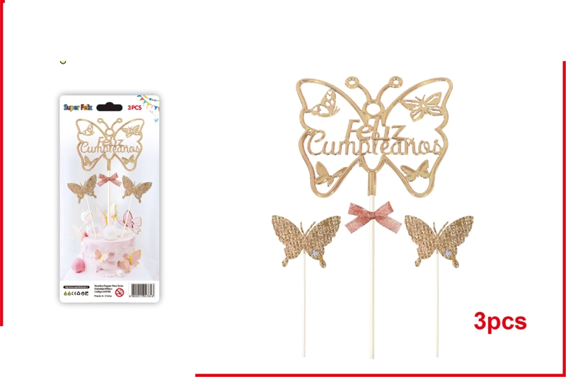TOPPER FELIZ CUMPLEAÑOS MARRON CON FORMA DE MARIPOSA CON MARIPOSITAS 3 PCS - 1