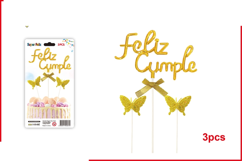 TOPPER FELIZ CUMPLE AMARILLO CON MARIPOSITAS - 1