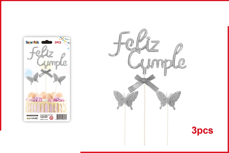 TOPPER FELIZ CUMPLE PLATEADO CON MARIPOSITAS - 1