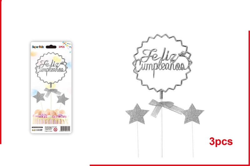 TOPPER FELIZ CUMPLEAÑOS PLATEADA, FORMA DE SOL CON DOS ENTRELLAS 3 PCS - 1