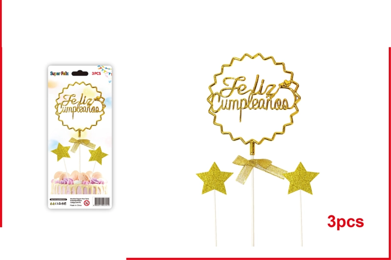 TOPPER FELIZ CUMPLEAÑOS AMARRILLO, FORMA DE SOL CON DOS ENTRELLAS 3 PCS - 1
