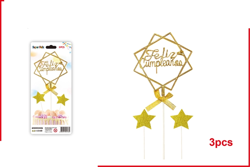 TOPPER FELIZ CUMPLEAÑOS AMARILLO, ESTRELLA DE LAKSHMI CON DOS ESTRELLAS 3 PCS - 1