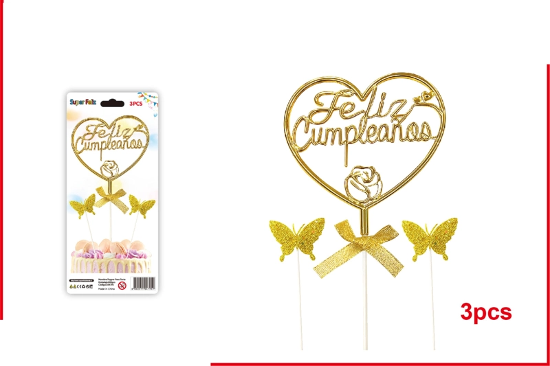 TOPPER FELIZ CUMPLEAÑOS AMARILLO, FORMA DE CORAZON CON DOS MARIPOSAS 3 PCS - 1
