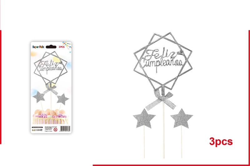 TOPPER FELIZ CUMPLEAÑOS PLATEADA, ESTRELLA DE LAKSHMI CON DOS ESTRELLAS 3 PCS - 1