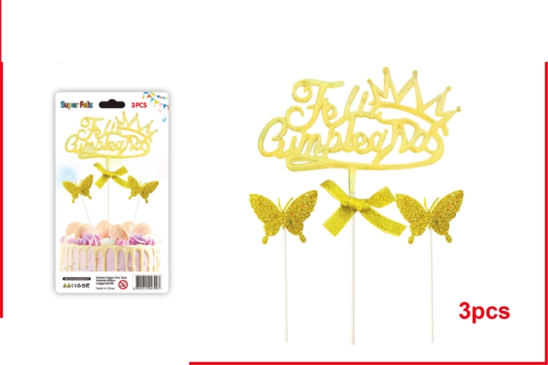 TOPPER FELIZ CUMPLEAÑOS ESTILIZADO AMARILLO CON MARIPOSAS 3 PCS - 1