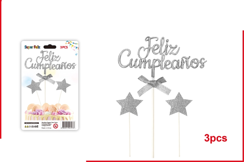 TOPPER FELIZ CUMPLEAÑOS PLATEADO CON DOS ESTRELLAS 3 PCS - 1