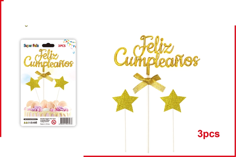 TOPPER FELIZ CUMPLEAÑOS AMARILLO CON DOS ESTRELLAS 3 PCS - 1