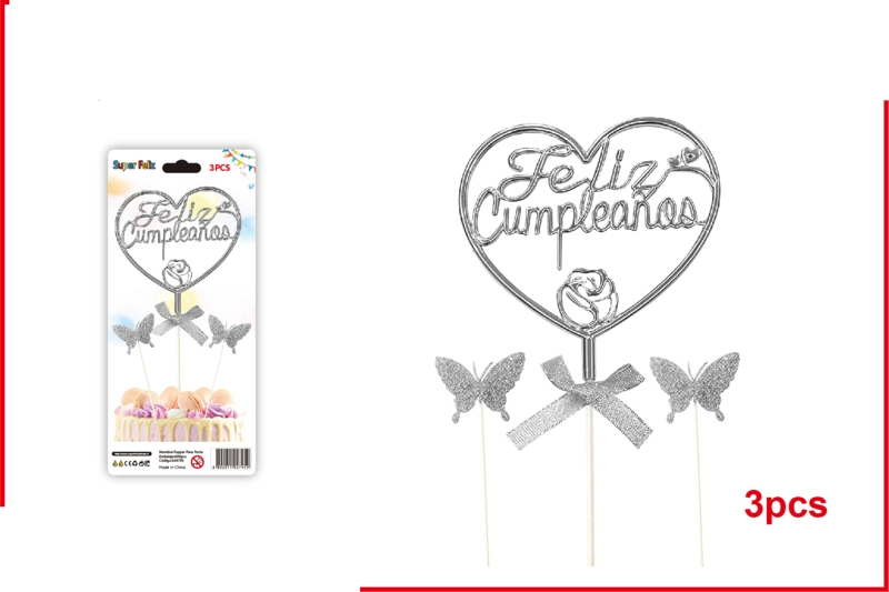 TOPPER FELIZ CUMPLEAÑOS PLATEADA, FORMA DE CORAZON CON DOS MARIPOSAS 3 PCS - 1