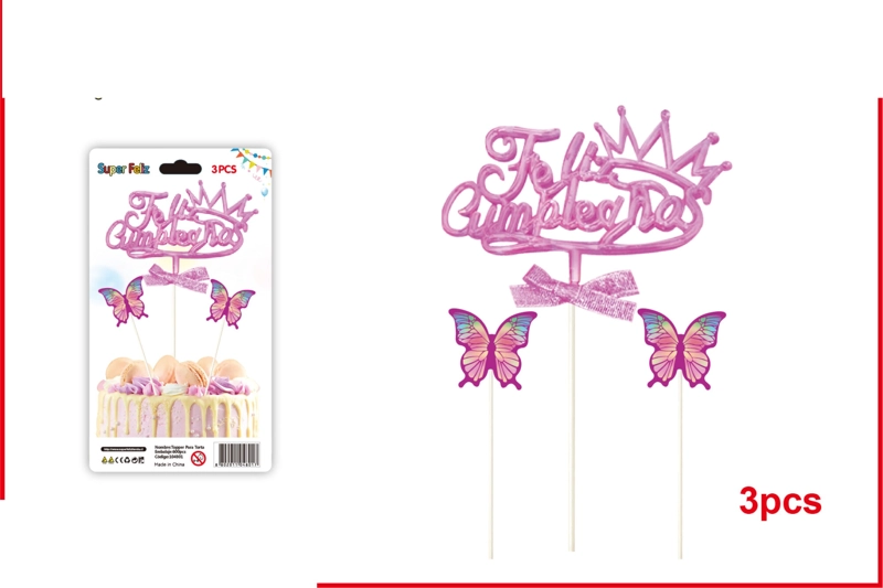 TOPPER FELIZ CUMPLEAÑOS ESTILIZADO FUCSIA CON MARIPOSAS 3 PCS - 1